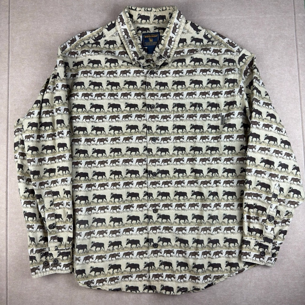 Vintage Woolrich Mustang Marching Moose Shirt Men XL Beige Cotton Wildlife Print